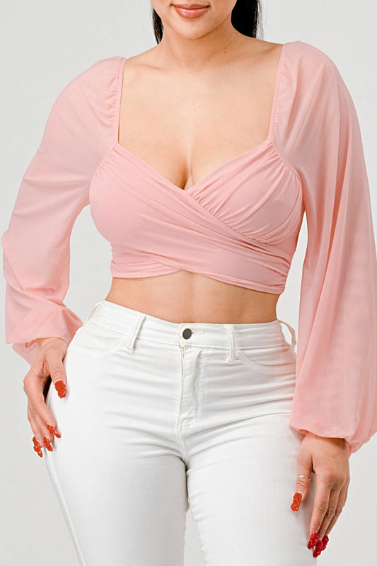 LUXE MESH CROSSING SWEETHEART CROPPED TOP